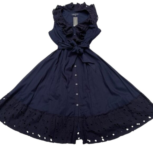NWT Jones New York Eyelet button Up Navy ruffle twirl Cotton Shirt Dress 6P - Picture 9 of 12